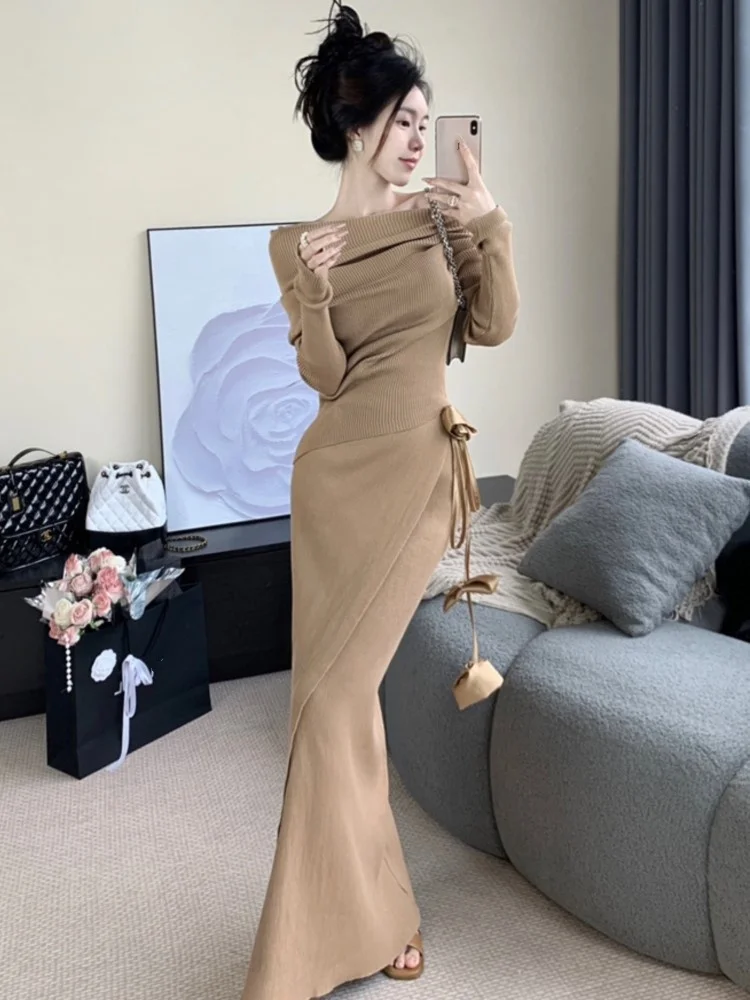 Autumn French Sexy Solid Knitted Skirt Suits for Women Elegant Off Shoulder Long Sleeve Top Slim Bodycon Skirts Two Pieces Set