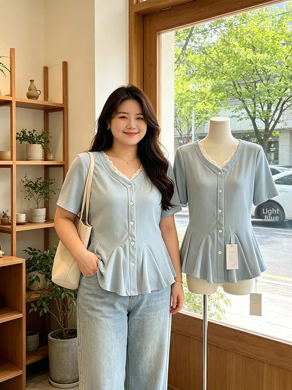 

Slimming Effect Blue Lace Trim V-Neck Short Sleeve Women's Shirt Top Waist-Cinching Summer New Style Commute Korean Version