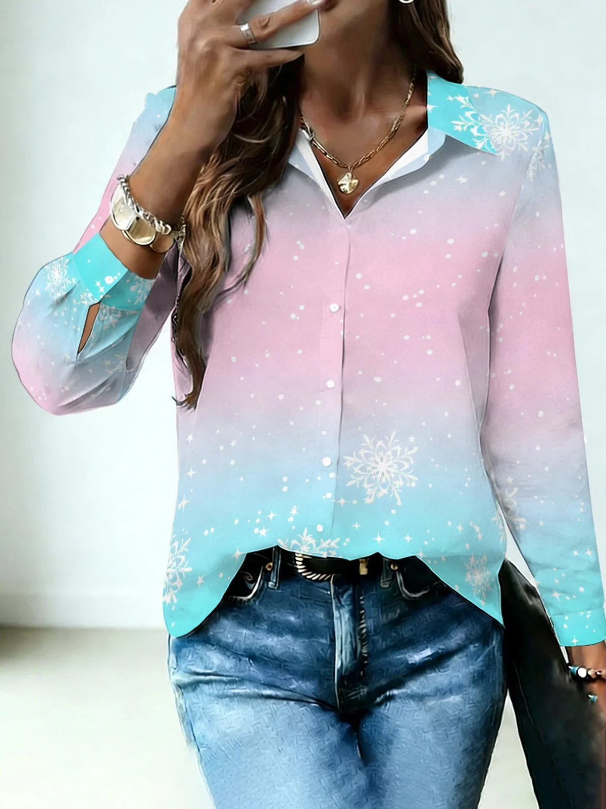 Christmas Winter Pastel Snow Print Women Lapel Blouse Pink Cyan Gradient Delicate Sketch Snowflake Tiny Star Long Sleeve Holiday
