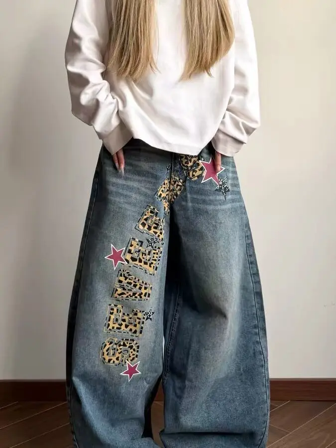 Calças Jeans Largas com Estampa de Leopardo e Letras Estilo Vintage para Homens e Mulheres, Ajuste Solto, Casual, em Denim de...