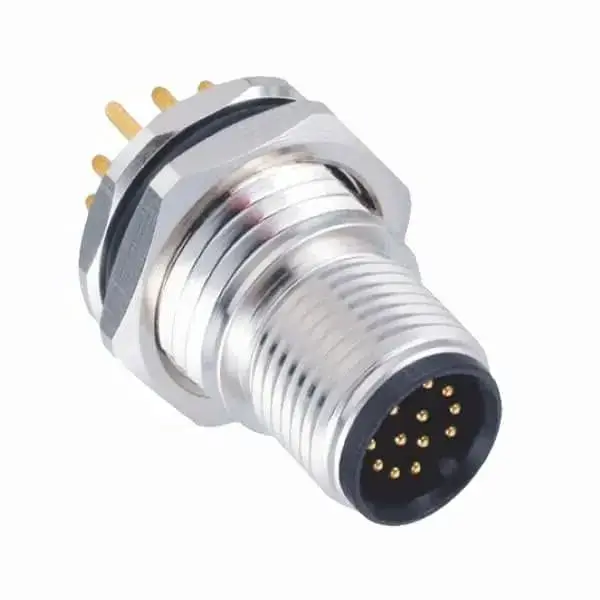 M12 12-Pin Male A-Code Flush Front Mount PCB Socket, IP67 Shielded Industrial Circular Connector for Fast Ethernet