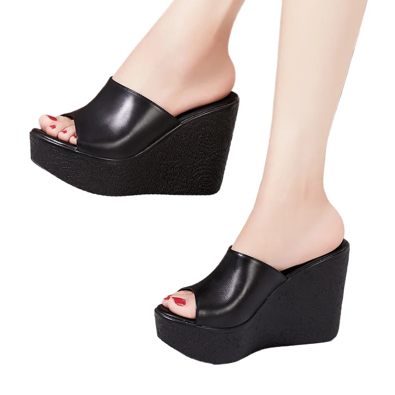 

Летние тапочки на танкетке из натуральной кожи, женская обувь для женщин, женские сандалии на платформе с открытым носком, размер 34-41