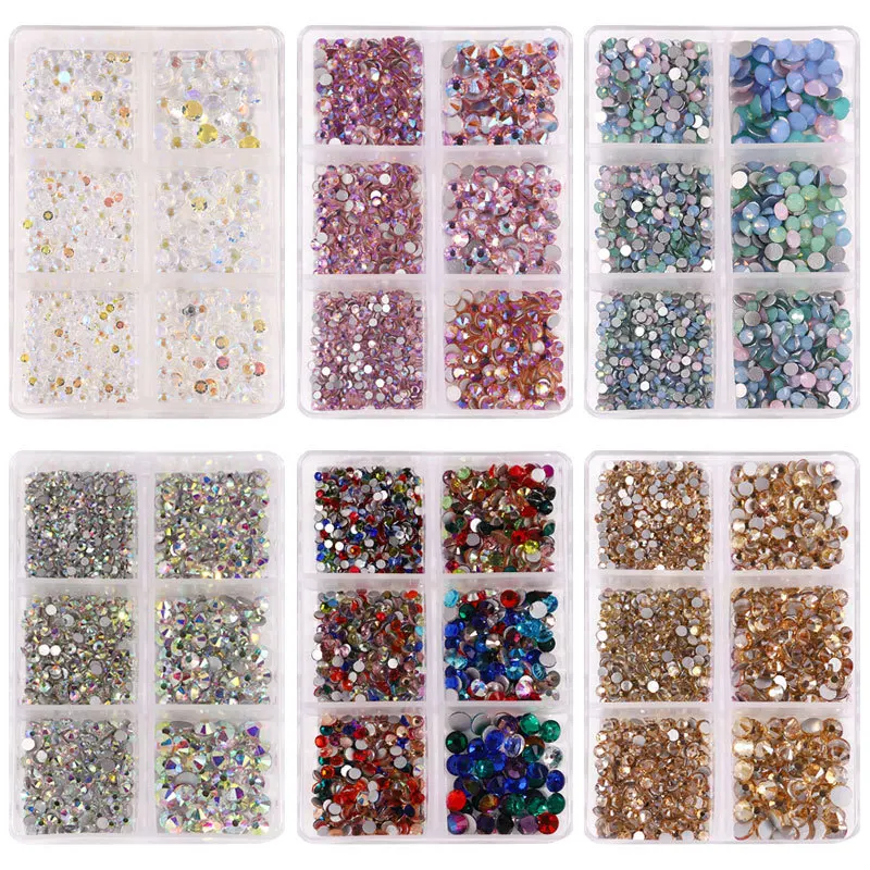 DIY Nail Art Dekorationen Kit mit ab weißen Champagner Farbe Flatback Strass und 6 Gitter Nagels chmuck Zubehör