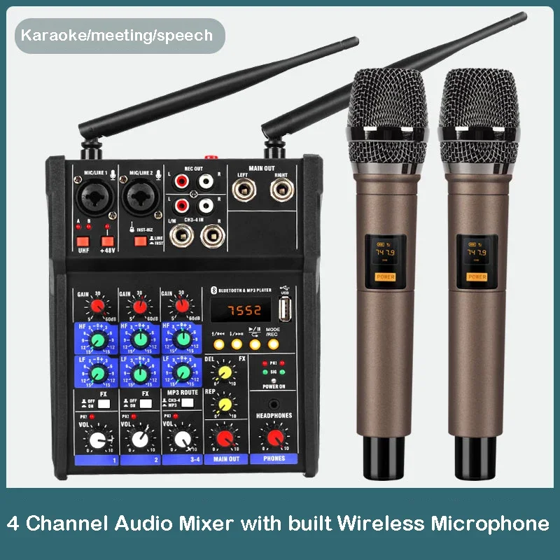 

Professional 4 Channels USB Audio Mixer with Wireless Microphone Studio Sound Mixers Bluetooth REC DJ Console Mixing for Karaoke