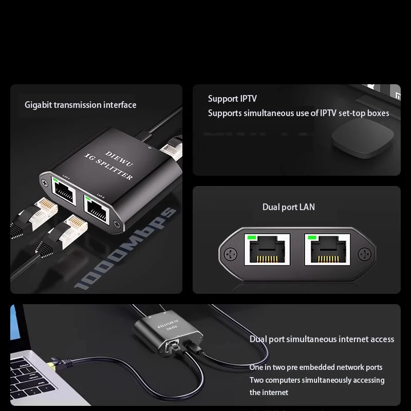 Internet Splitter Box, 1000Mbps, Plug and Play, Switch de Rede, Cabo de Rede Gigabit, Adaptador Splitter, RJ45 Ethernet