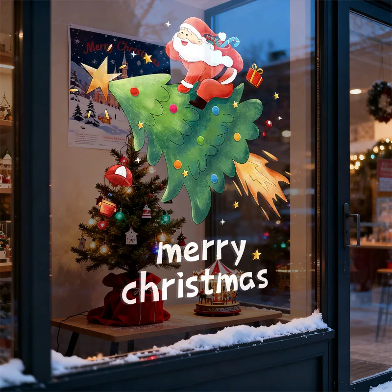 Christmas Tree Santa Claus Static Cling Window Decals for Home and Store Display Holiday Decorations Xmas New Year Decor