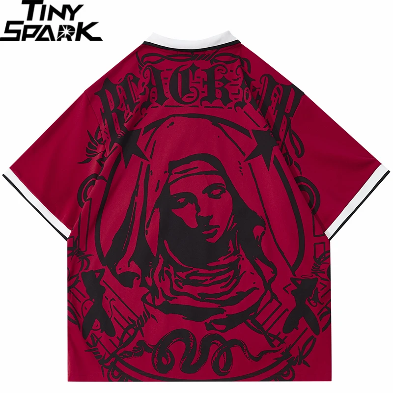 Men Hip Hop Streetwear Polo T-Shirt Virgin Mary Graphic Embroidery 2024 Summer Oversized Polo Shirt Retro Casual Cotton Tops Tee