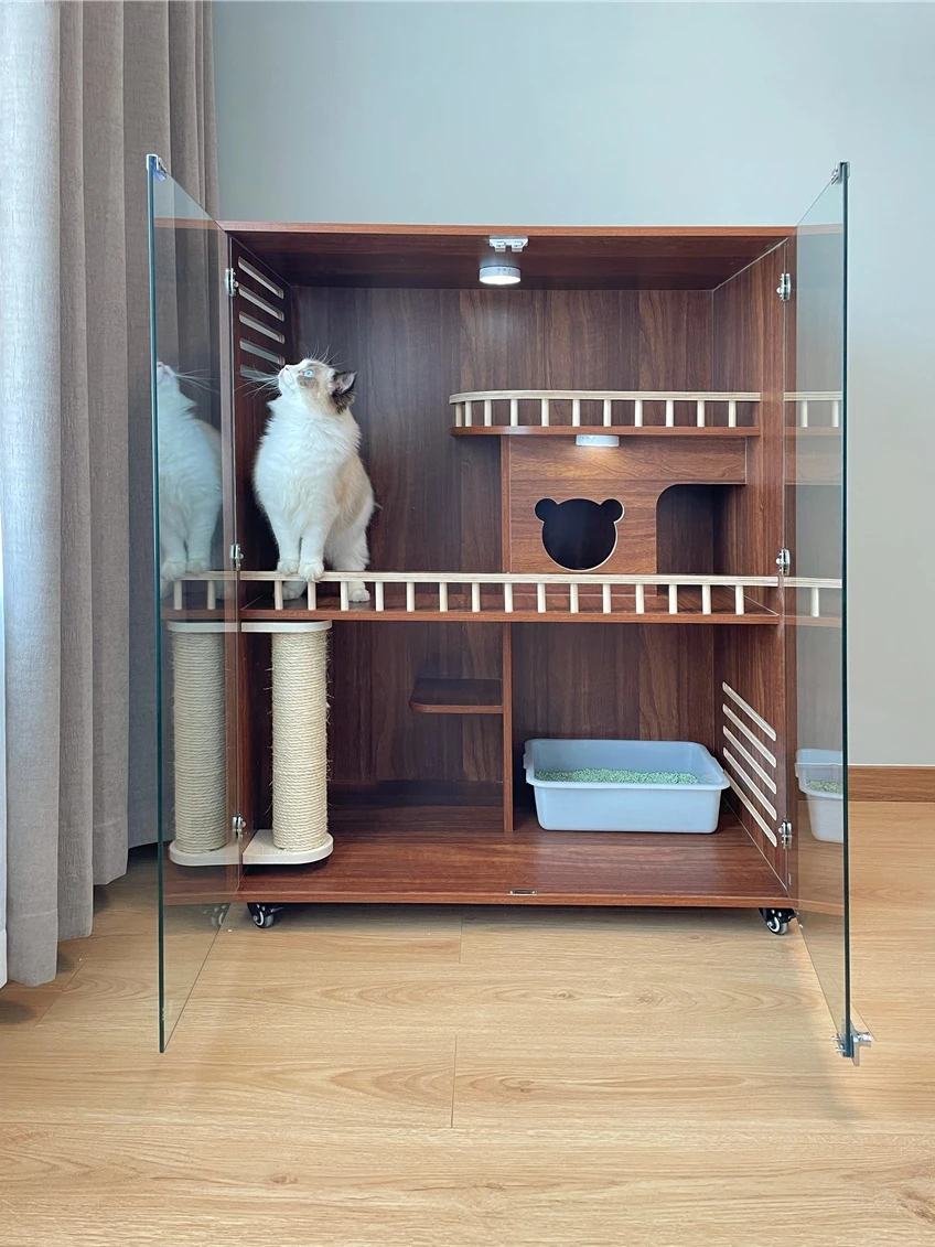 Solid wood luxury cat villa household cat cabinet with toilet integrated super large indoor cat house