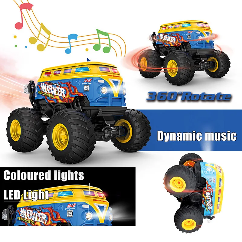 1:20 New Music And Light Spray Off-Road Remote Control Stunt Car Upright 360 Rotating School Bus Children Toy Car Christmas Gift