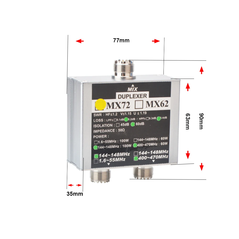 Ham Mobile Radio Antenna Combiner MX72 VHF 100W 144-148MHz UHF 60W 400-470MHz Dual Band Ham Walkie Taklie Duplexer Antenna