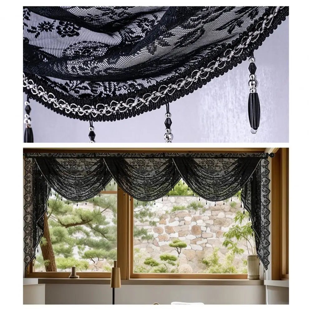 Waterfall Lace Sheer Curtains Elegant Black Beaded Lace Waterfall Valance for Small Windows Luxurious Lightweight Semi Sheer