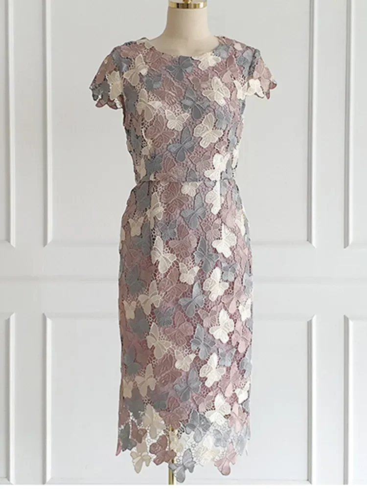 

2023 Elegant Contrast Color Flower Butterfly Embroidery Lace Dresses For Women Korean Fashion Office Party Bodycon Vestidos