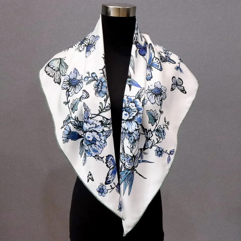 Double Sided 100% Silk Scarf Neckerchief Womens Elegant Floral Silk Shawl Poncho Cape 88*88CM