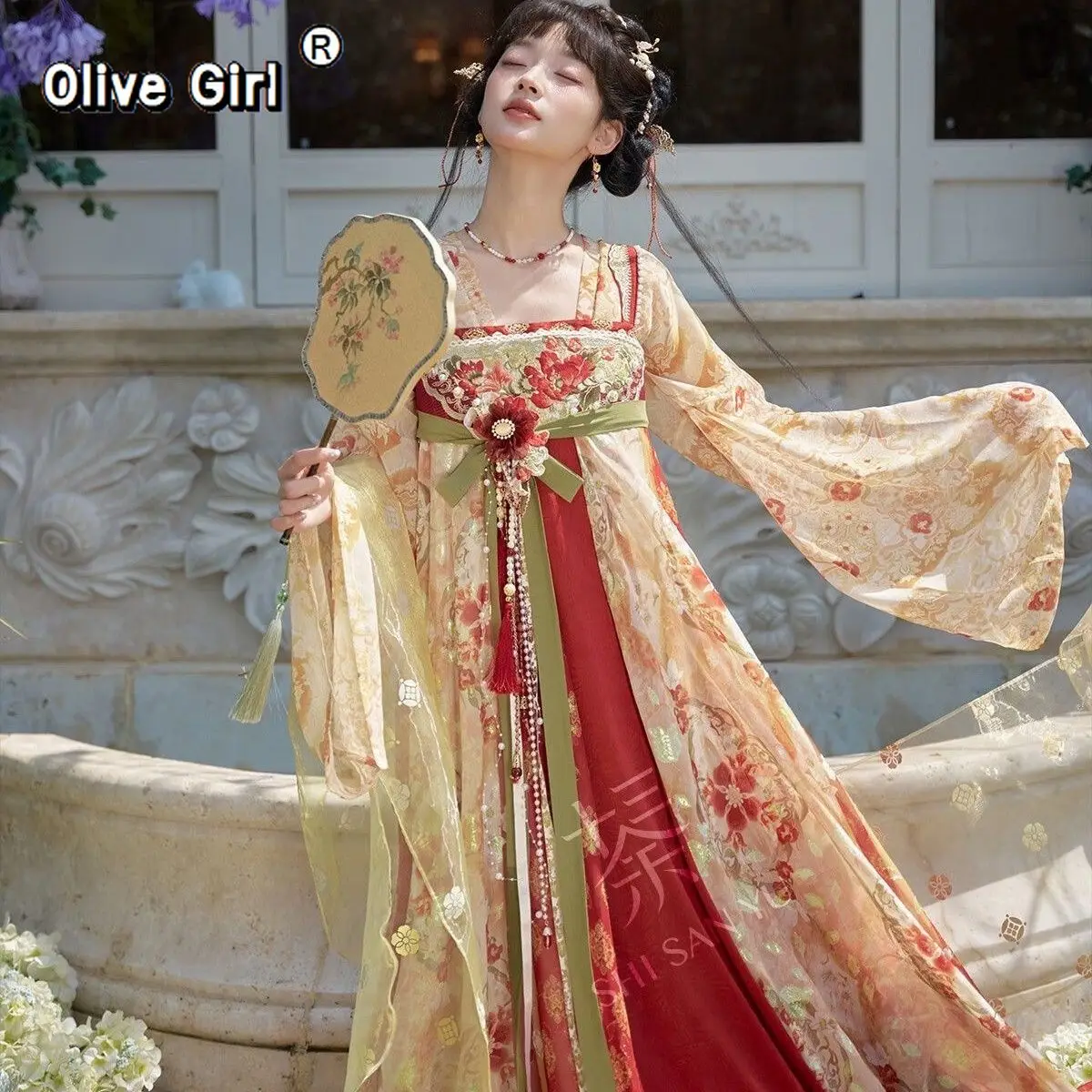 Chinese Hanfu Dresses Fairy Spring Summer Tang-Style Hanfu Dress Set Front Overlapping Large Sleeves Embroidery and Leaf Print