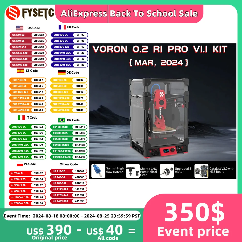 

FYSETC Voron 0.2 R1 V1.1 Pro Corexy 3D Printer Upgraded Kit with Catalyst V2.0 & CM36 Motherboard Hollow Rail High Flow Nozzle