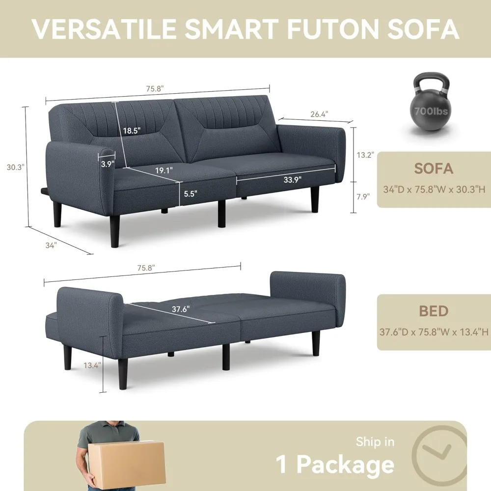 Convertible Futon Sofa Bed, 75.8″ Loveseat Sofa Couch with Adjustable Backrest, 3 Seater Folding Linen Futon Sleeper