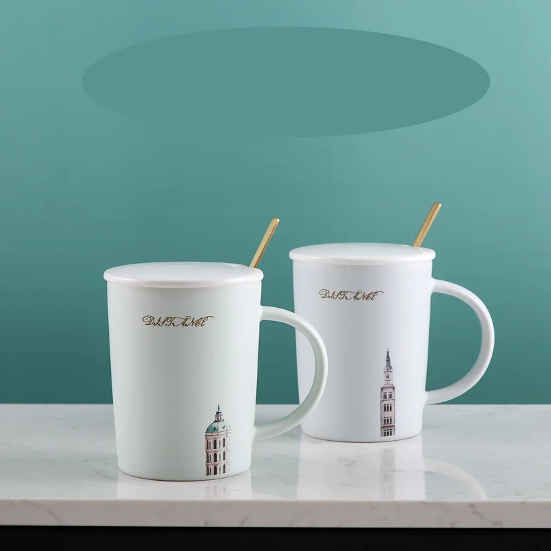 Light color ceramic cup European architectural design mug student gift cup office and household water cup can