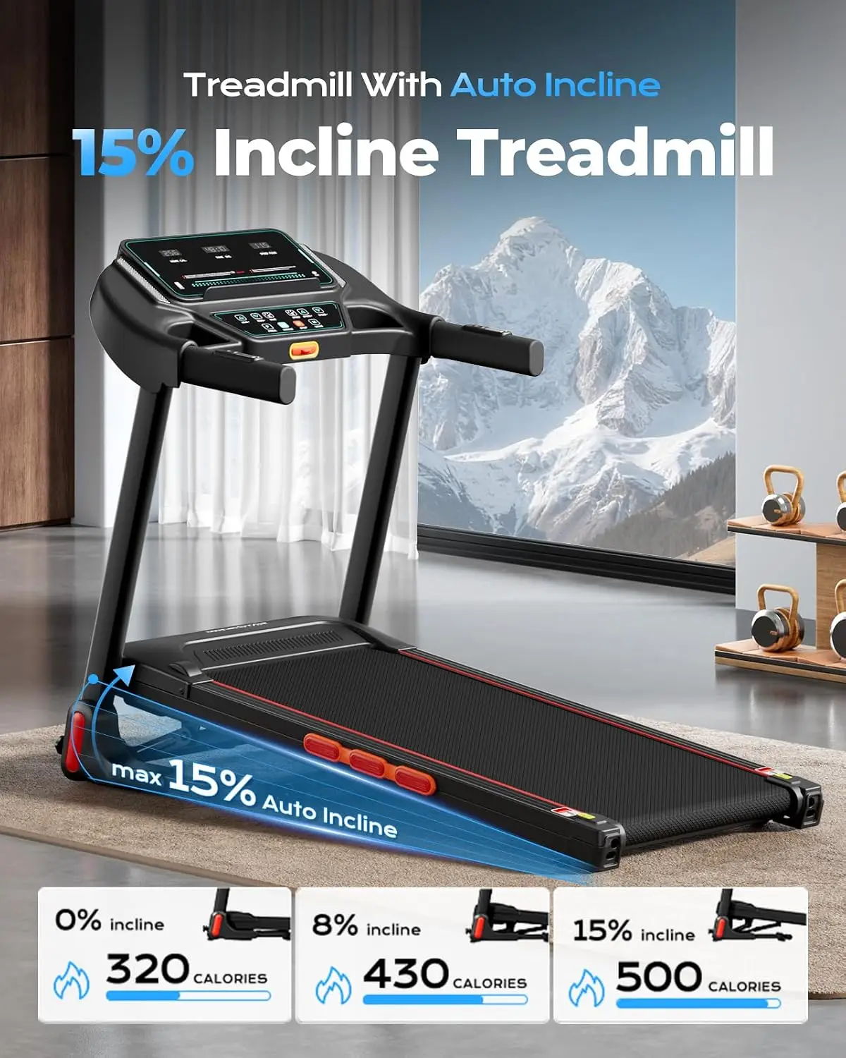 Folding Treadmill for Home with Auto Incline | compact, 300LBS, Bluetooth speaker, low noise, pulse monitor, foldable, knee-frie
