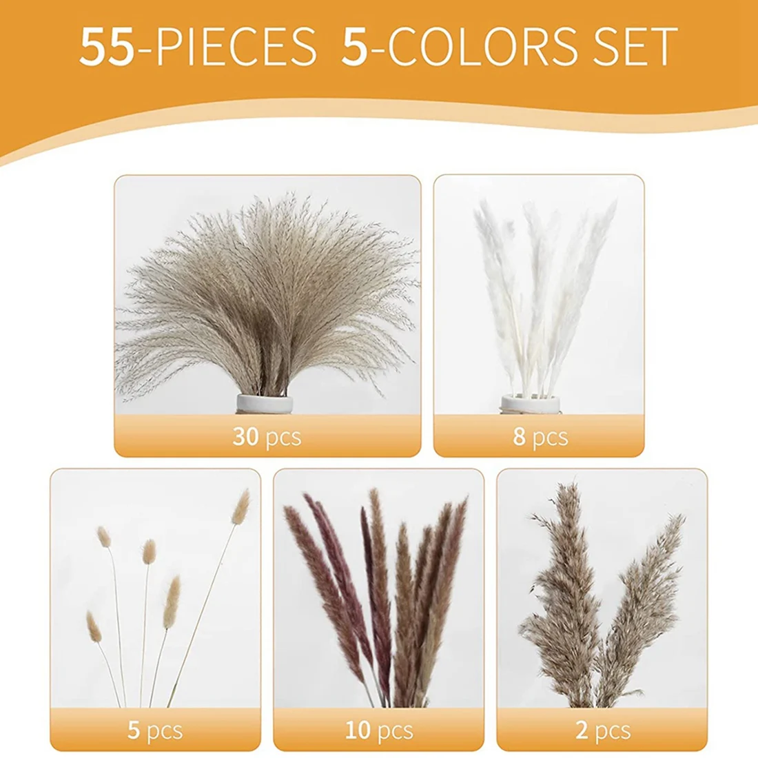 55Pcs Pampas Grass Bouquet,Natural Dried Pampas Grass,Fluffy Stem Bouquet for Home Decor,Wedding Arrangements,Boho Decor