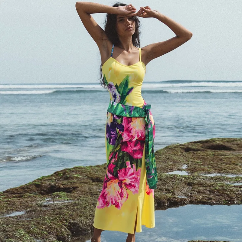 One Piece Swimsuit For Women European And American Swimwear Bright Yellow Printed Vacation One-piece Swimsuit Suit For Women