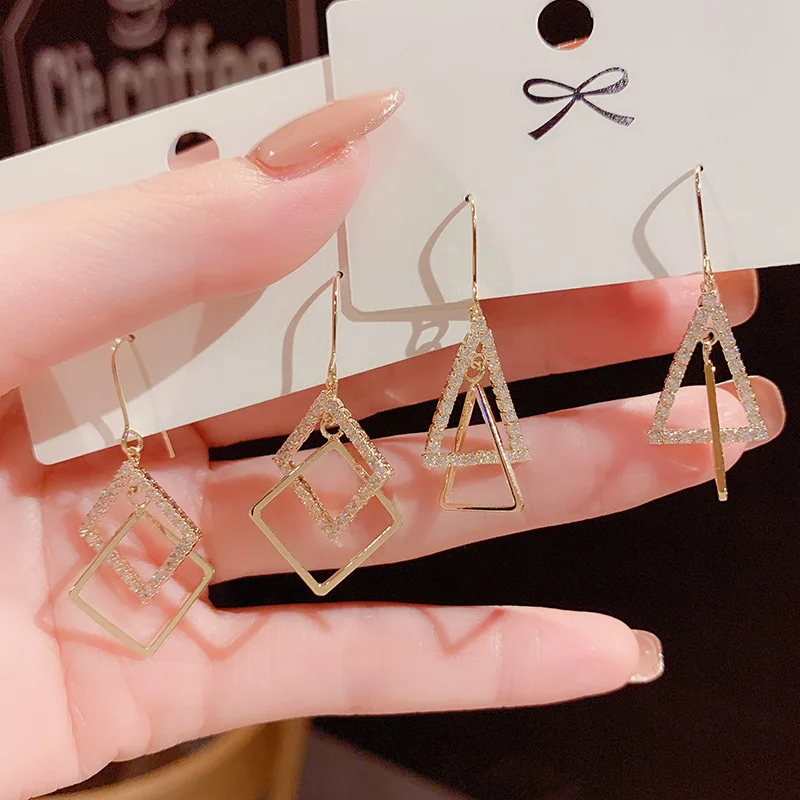 

Dongdaemunthree-dimensionalmicro-inlaid double triangular earrings women's temperament fashion versatile ear hook earrings women