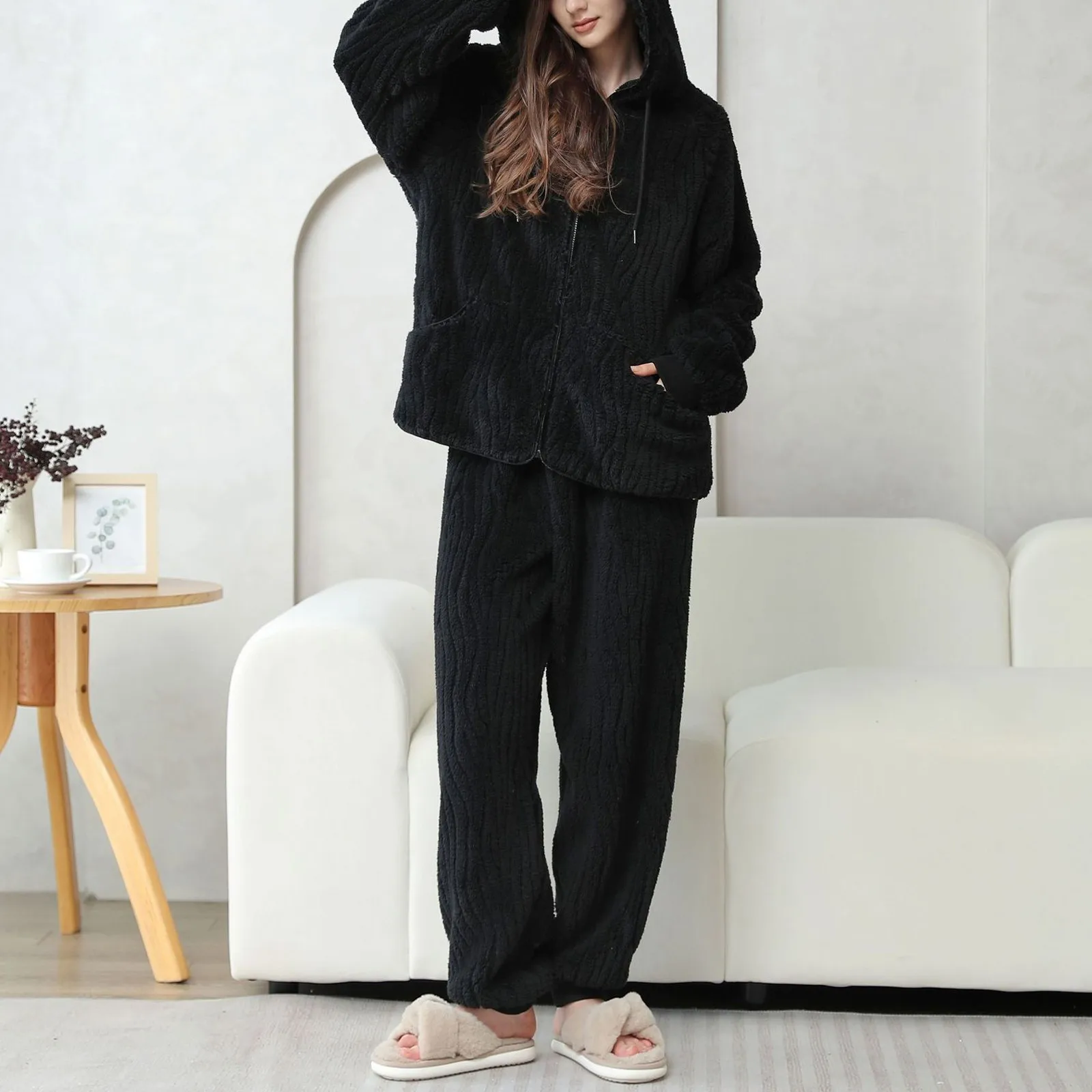 2pcs/set Plush Pajamas Hooded Long Sleeves Zipper Top Elastic Waistband Pants Loose Women Winter Warm Plush Home Clothes Set