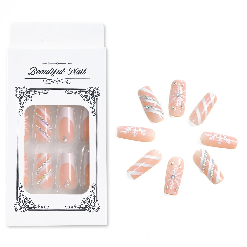 24 stuks lange ballet opdruknagels met vonkende strass steentjes winter witte sneeuwvlok ontwerp nepnagels Franse strepen kunstnagels *