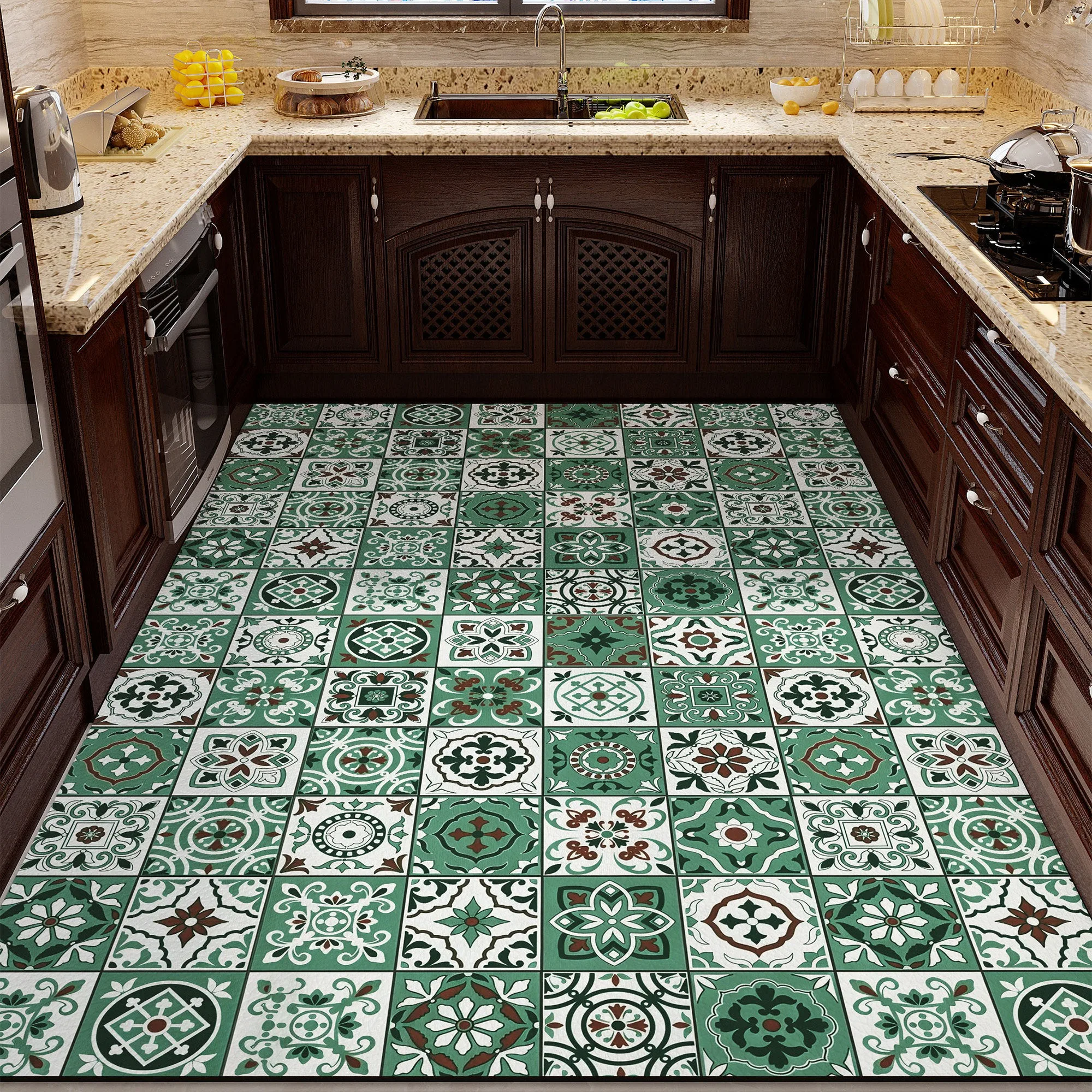 Kitchen Rug Non-slip Floor Mat Moroccan-style Vintage Light Luxury Mats Dirty Resistant Easy Clean PVC Leather Washable Mat 주방매트
