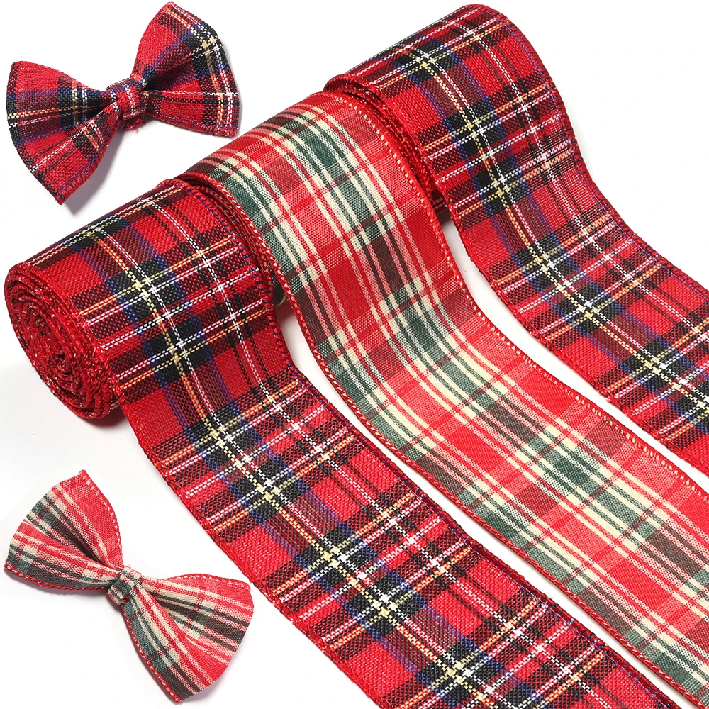 3Yards/Roll Imitation Hemp Wire Edge Ribbon Christmas Red Green Plaid Linen Ribbons for DIY Crafts Bow Handmade Gift Wrapping