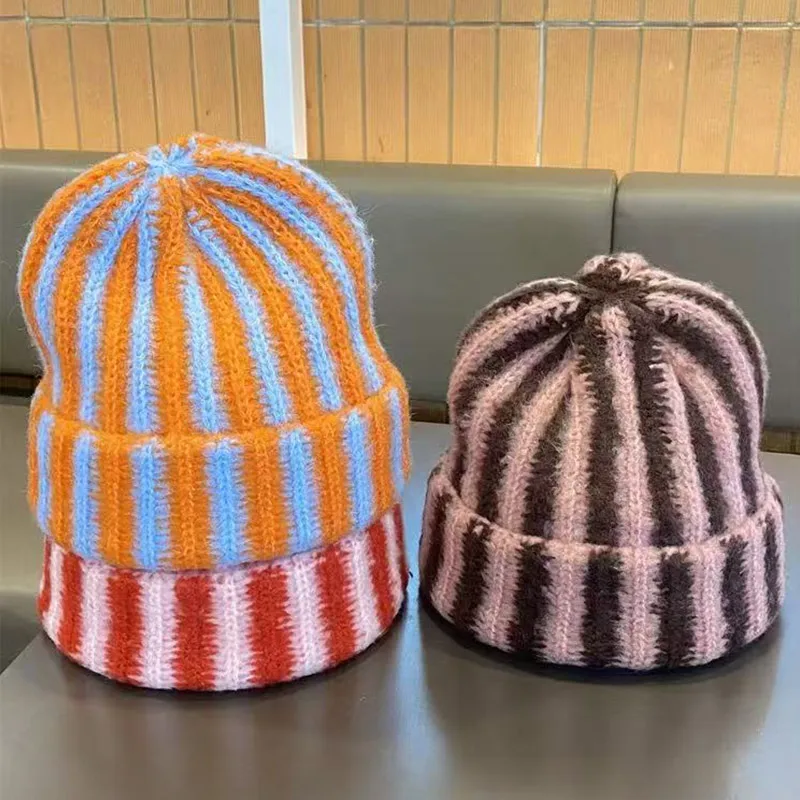 2026 New Korean Striped Warm Woolen Hat Autumn and Winter Feather Yarn Striped Wool Beanie Cap Women Men Thick Knitted Cold Hat