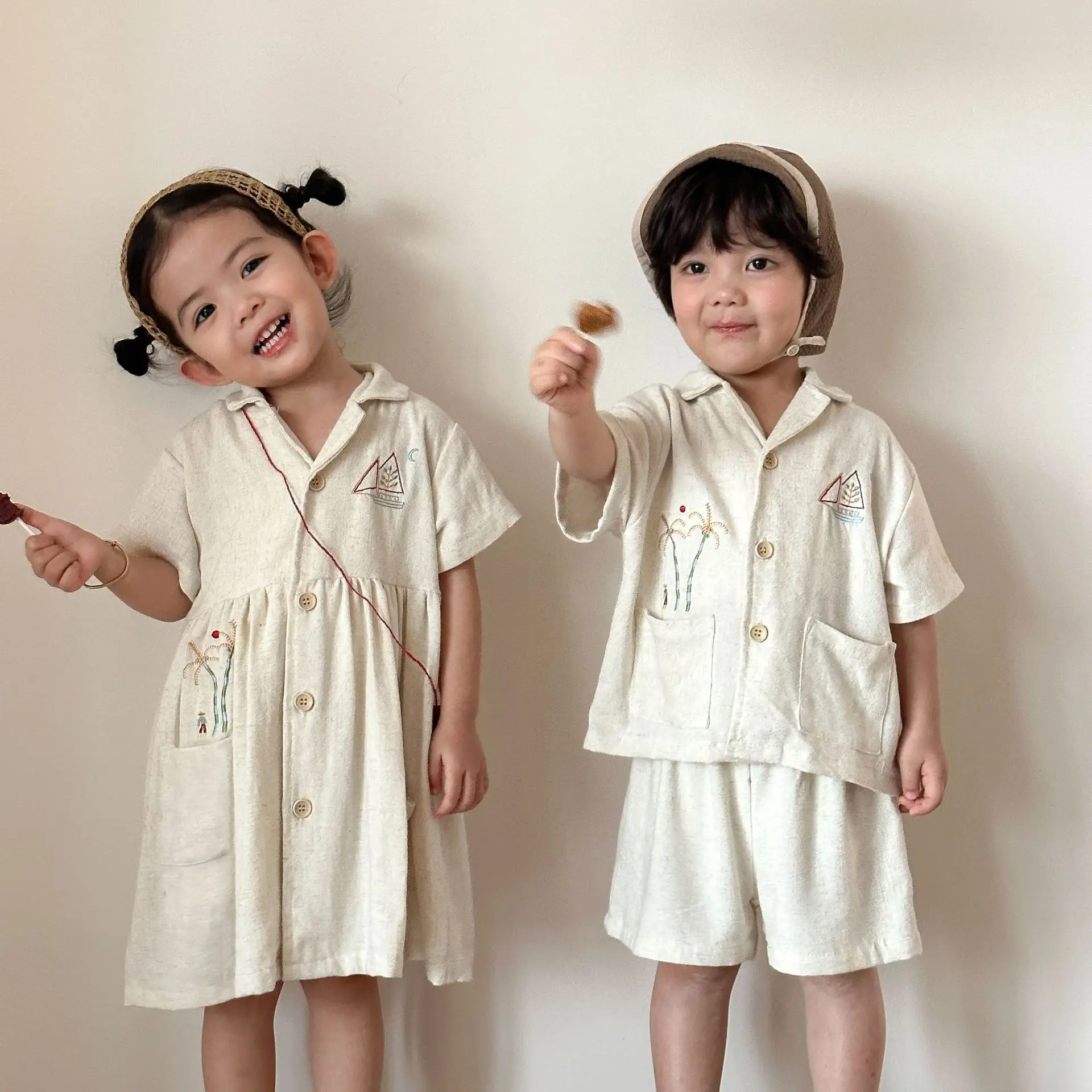2026 Summer New Children Short Sleeve Clothes Set Boys Linen Shirts + Shorts 2pcs Suit Girls Dress Brother Sister Outfits