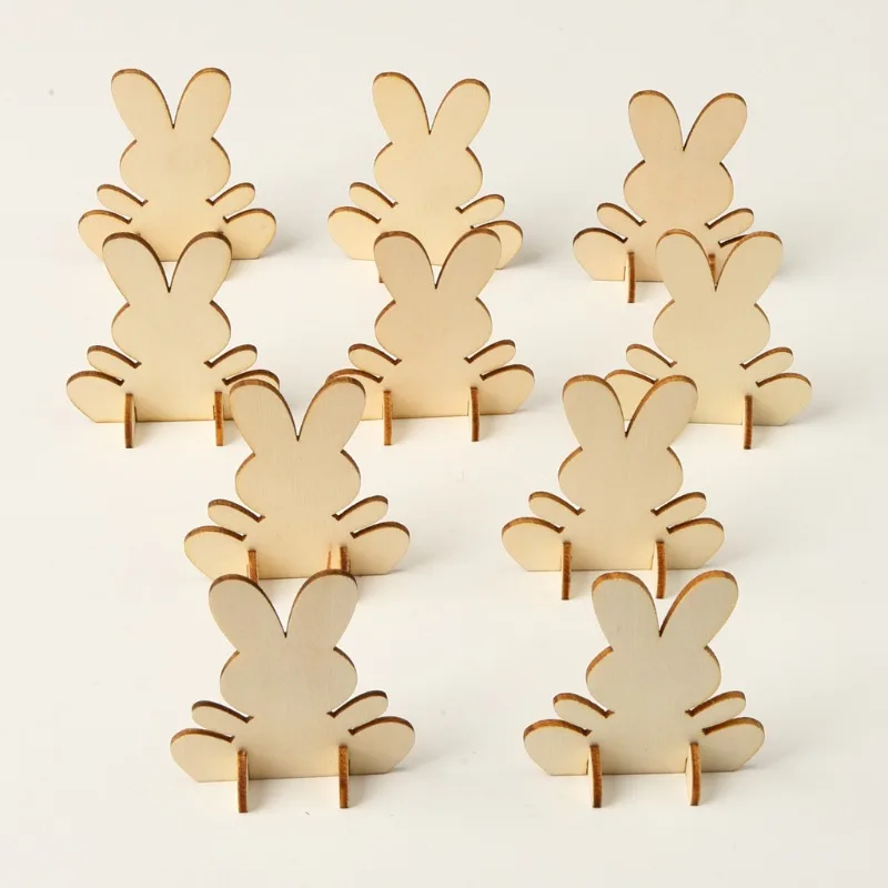 10pcs Unfinished Wooden Easter Bunny 3D Rabbit Wooden Stand Ornament Cutouts Craft for DIY Painting Table Decoration Easter