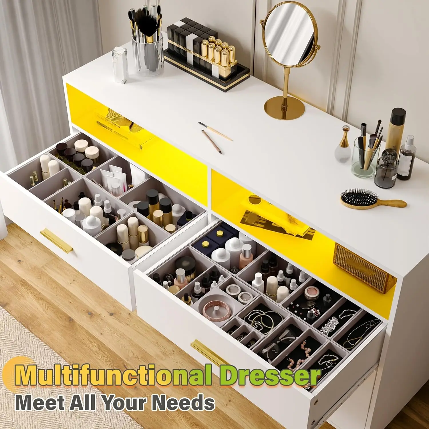 Commode à 6 tiroirs pour chambre à coucher Commode moderne blanche avec lumières LED, grand meuble TV, couloir, 47,3' L x 39,4' H x 15,8' D