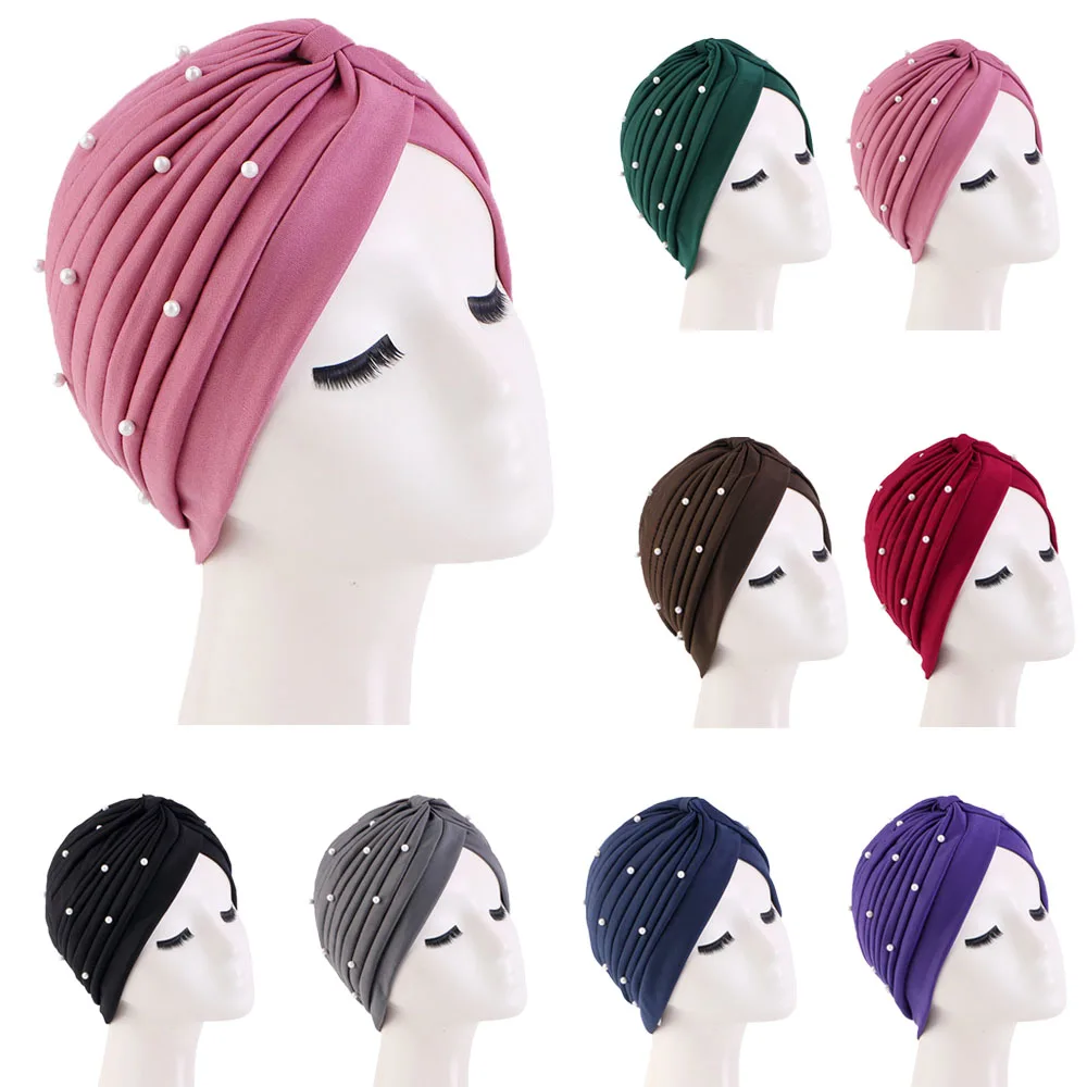 

Turban Hat Women Muslim Hijab Caps Autumn Winter Warm Headscarf Female Indian Hats Pearl Beads Elastic Hijabs Headwear Headwrap