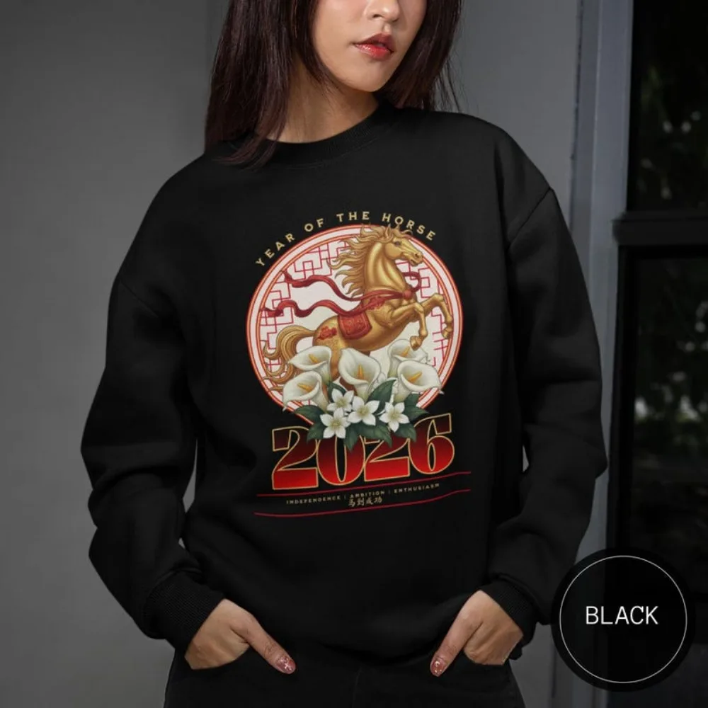 Chinese New Year Sweatshirt 2026 Year of The Horse Hoodie Happy New Year 2026 Sportswear Simple Style Women Sweatshirt