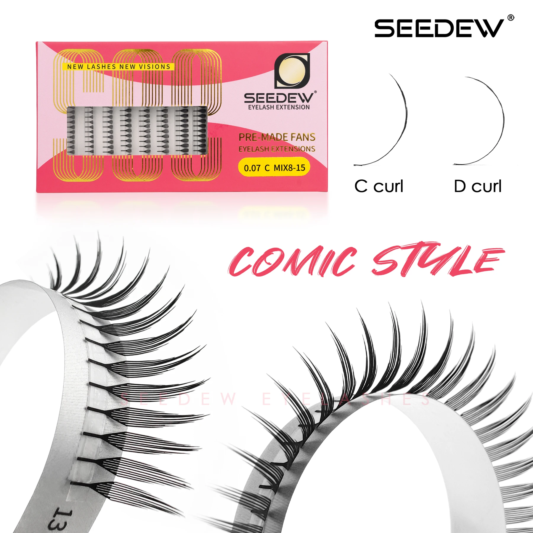 SEEDEW Premade Spire Lashes Comic-style Eyelash Extensions Trendy Lashes 0.07 C/D Curl Mix8-15mm Individual Eyelash