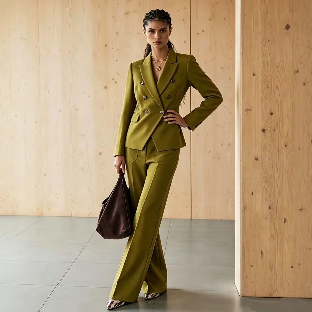 Women's Green 2 Pieces Suit Notched Lapel Double Breasted Formal Business Casual Office Blazer Flare Pants Set Customized