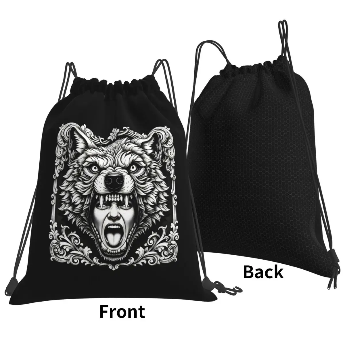 Fierce Folk Horror Wolf Headdress Portrait Backpacks Casual Drawstring Bundle Pocket Sundries Bag Book Bags for Man Woman