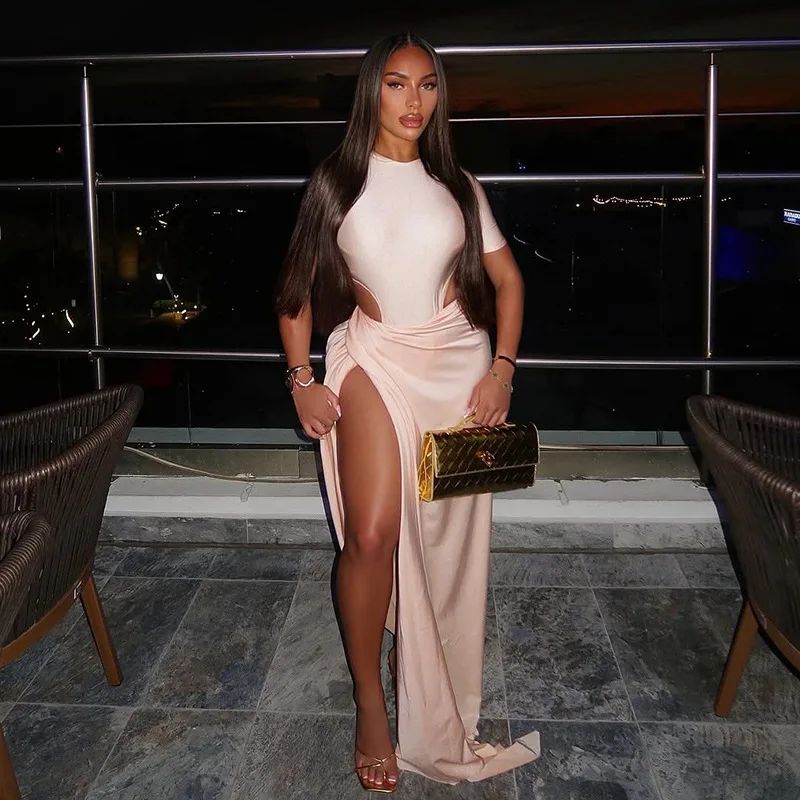 

Женский сексуальный глянцевый комплект из 2 предметов для дня рождения: топ-боди с круглым вырезом и коротким рукавом + асимметричная макси-юбка с драпировкой