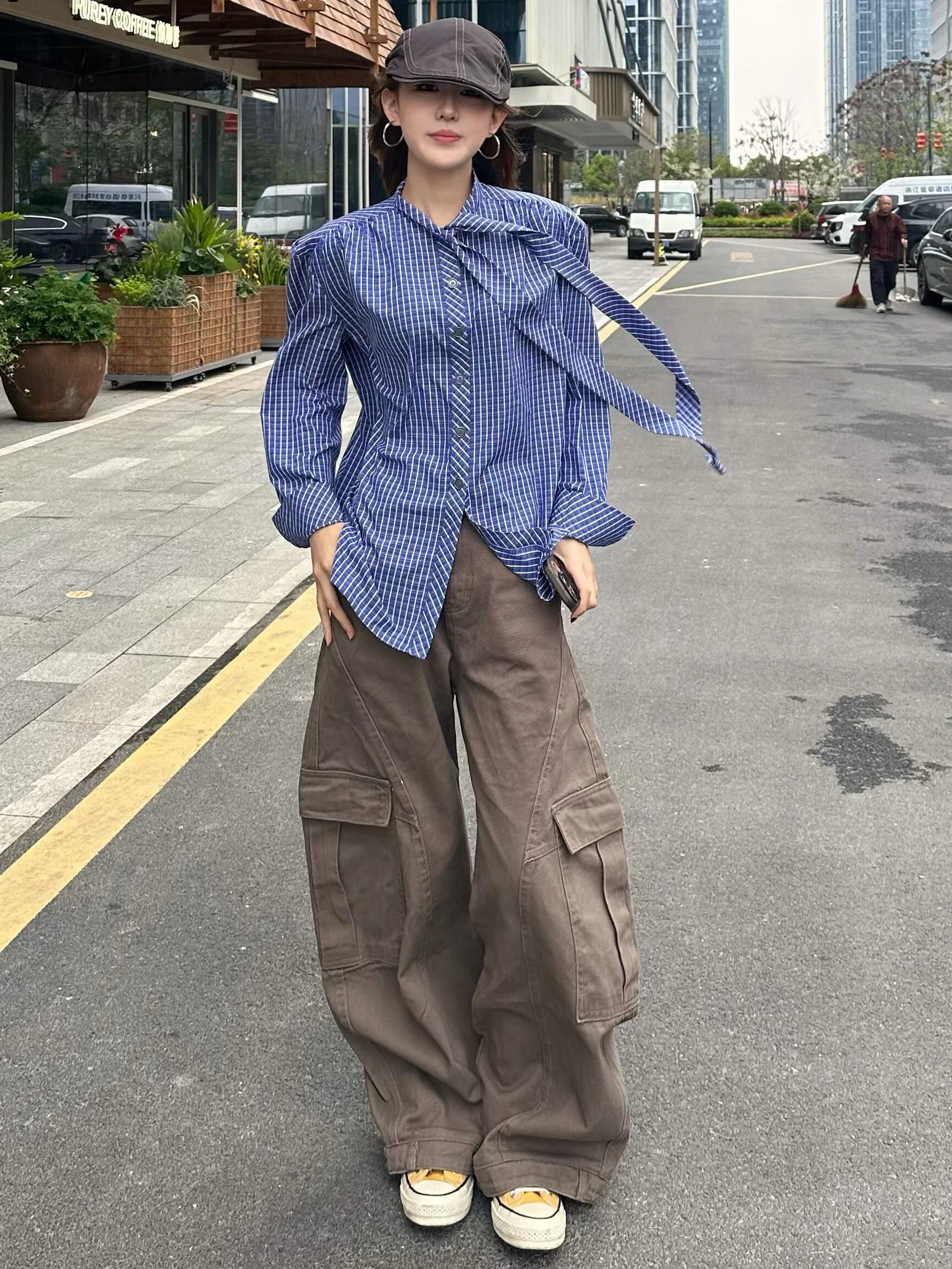 

Blue Plaid Long Sleeve Casual Shirt Women's Single Button Commute Spring Anti-Aging Versatile Ribbon Tie Blouse