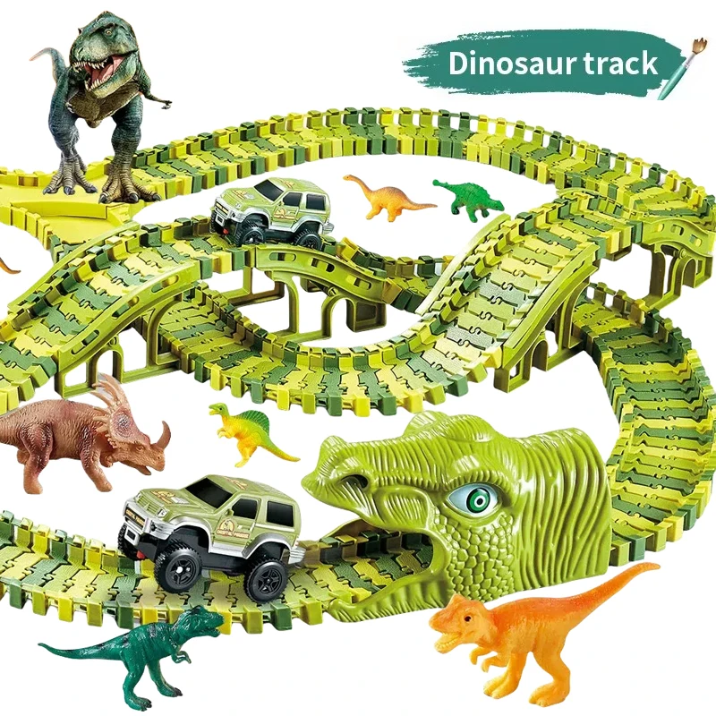 Dinosaur Themed Plastic Racing Track Set Bend Flexible Race Track with Electronic Car Educational Toys for Children