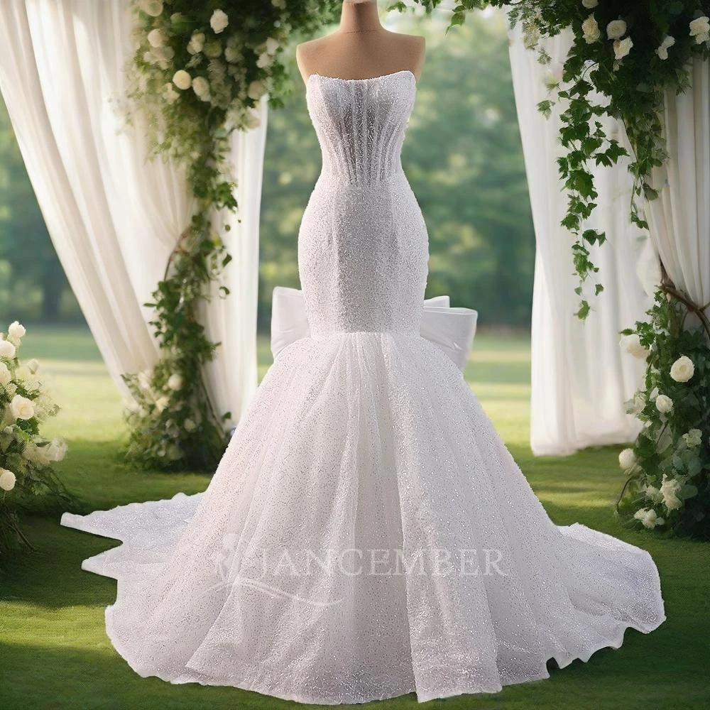 

Strapless Shiny Pearls Romantic Crystal Lace Up Lace Gorgeous Mermaid Wedding Dresses Vestido De Noiva RSM241049