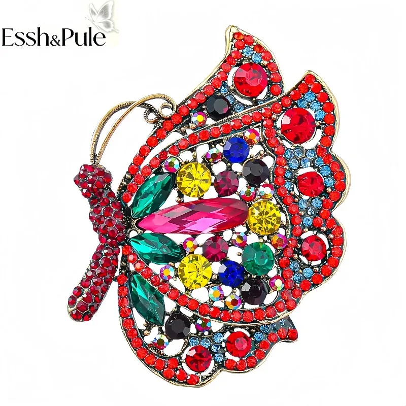 Essh&Pule Vintage Filigree Statement Brooch  Crystal Butterfly Lapel Pin Ornate Elegant Women Coat Wedding Jewelry Gift