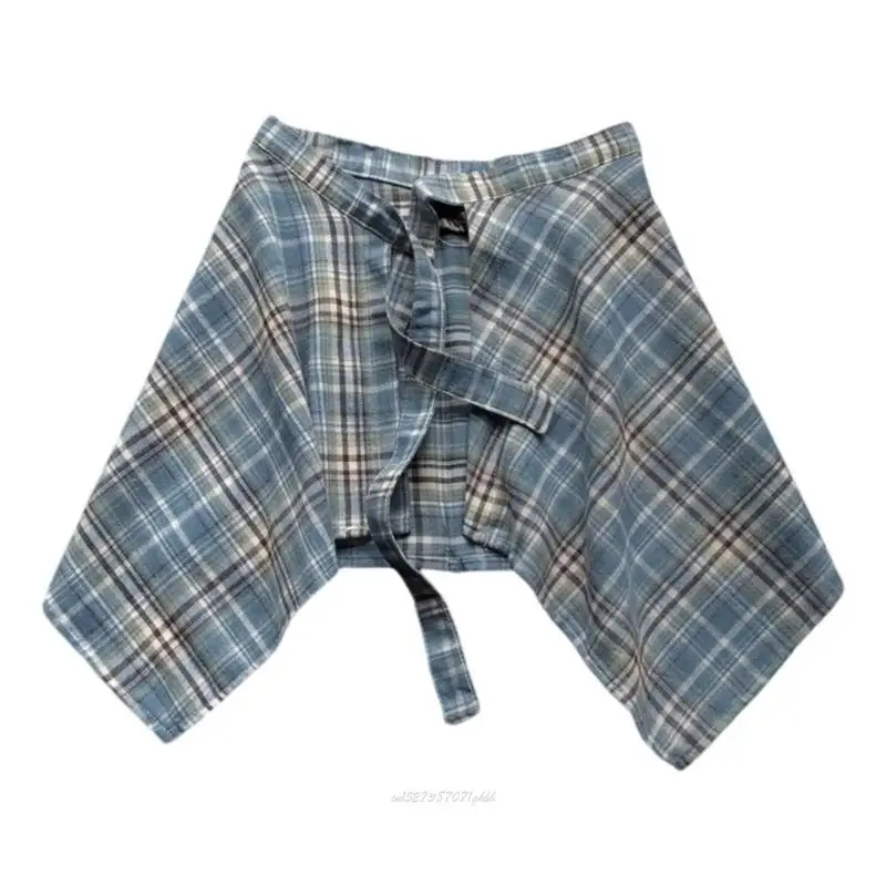 

X5XA Unisex Checekred A Line Apron Skirt Layered Overskirt Hip Covering Tie Up Cover Up Irregular Wrap Skirt Shirt Extender