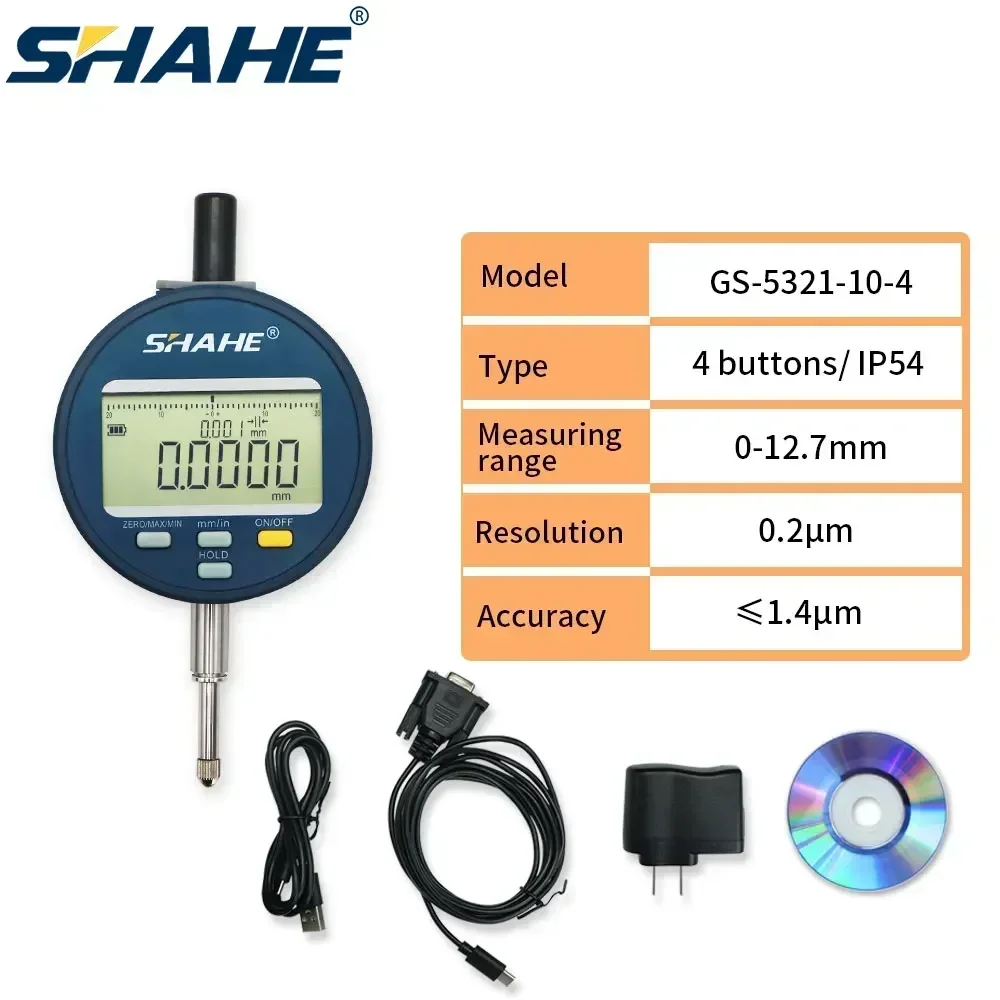 SHAHE 0.2μm Resolution High Accuracy Digital Dial Indicator 0-12.7 /25.4/50.8mm Rechargeable Dial Indicator Gauge IP54