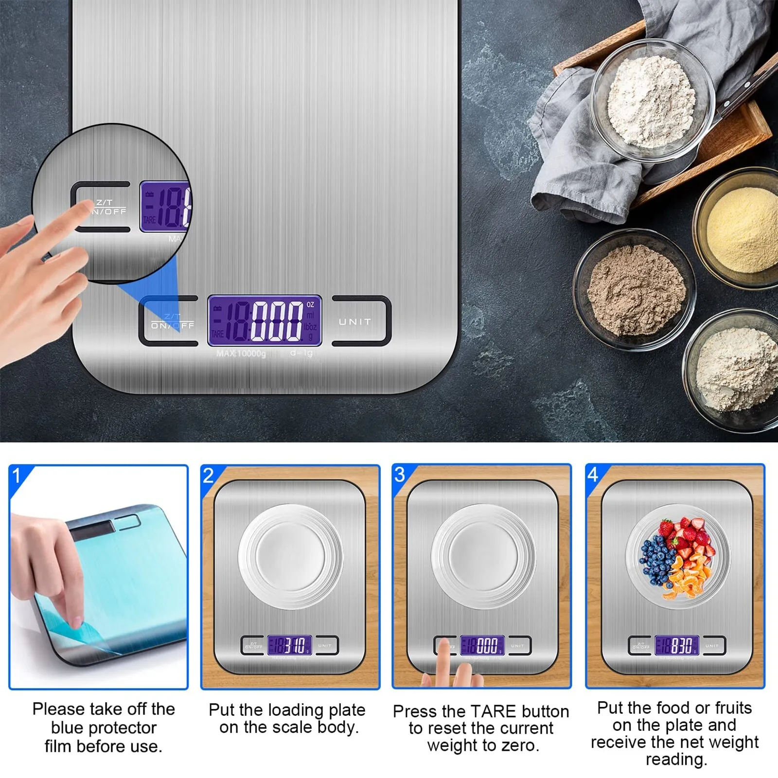 Digital Kitchen Scale 22lb Food Scale Grams Ounces Stainless Steel Tare Function LCD Display For Baking Cooking Weight Loss Meal Prep
