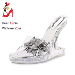 PVC Transparent Slippers Strange Style Slides Sandals Bling Flower Women Party Dress Shoes Summer Lady Rhinestone Heels Mules