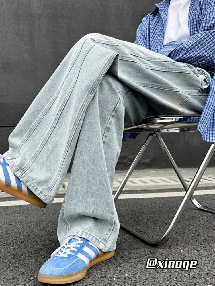

Loose Wide Leg Men's Jeans Spring Autumn High Waist Straight Cut Tapered Design Spliced Trendy Pants Cotton Polyester Blend