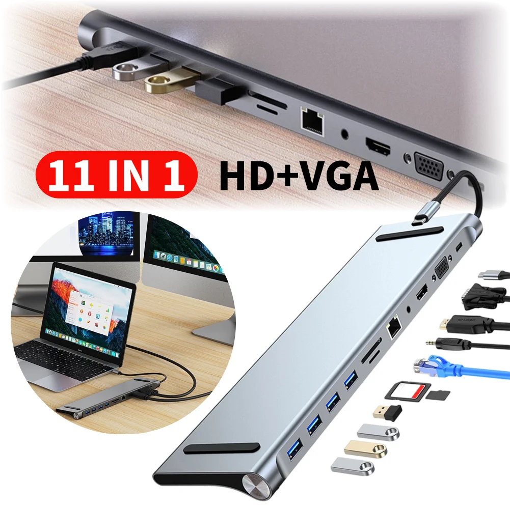 

11 in 1 USB C Docking Station 100W PD SD/TF Audio USB C Dock 1* USB 3.0 3*USB2.0 for MacBook Pro/Air Dell HP Surface Lenovo ASUS