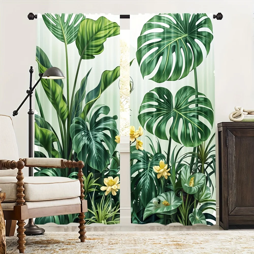 2pcs Tropical Plant Curtains Monstera Leaf Greenery Print Drape Living Room Window Treatment Jungle Botanical Home Decor Panels